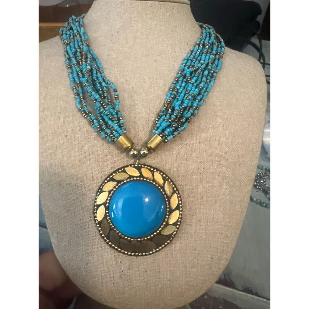 Ziyan's Fashion Indian Tribal Necklace Turquoise And Bronze Beads Large Pendant